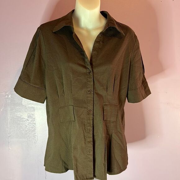 Apt. 9 Women's Essential Shirt Dark Brown Polka Dot Short Sleeve Size L - Picture 1 of 5